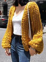 New Yellow V-neck Long Sleeve Going out Cardigan Sweater
