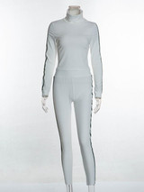 New White Striped Print Long Sleeve High Waisted Fashion Long Jumpsuit