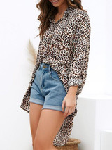 New Khaki Leopard Print Single Breasted High-low Long Sleeve Fashion Blouse