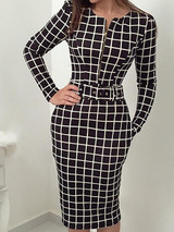 New Black Plaid Print Zipper Belt Bodycon Long Sleeve Round Neck Elegant Party Midi Dress