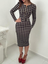 New Black Plaid Print Zipper Belt Bodycon Long Sleeve Round Neck Elegant Party Midi Dress