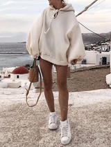 New White Drawstring Hooded Long Sleeve Casual Pullover Sweater