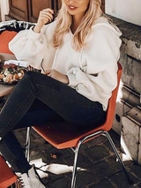 New White Drawstring Hooded Long Sleeve Casual Pullover Sweater