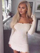 New White Plain Long Sleeve Boat Neck Fashion Mini Dress
