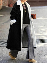 New Black Patchwork Fur Pockets Single Breasted Turndown Collar Long Sleeve Casual Coat