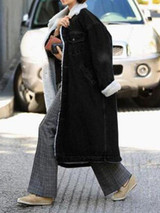 New Black Patchwork Fur Pockets Single Breasted Turndown Collar Long Sleeve Casual Coat