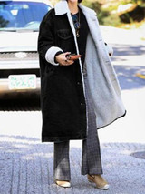 New Black Patchwork Fur Pockets Single Breasted Turndown Collar Long Sleeve Casual Coat