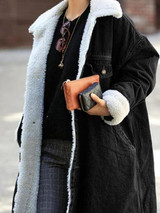 New Black Patchwork Fur Pockets Single Breasted Turndown Collar Long Sleeve Casual Coat