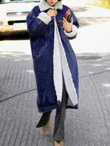 New Black Patchwork Fur Pockets Single Breasted Turndown Collar Long Sleeve Casual Coat