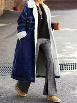 New Black Patchwork Fur Pockets Single Breasted Turndown Collar Long Sleeve Casual Coat