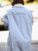 New Light Blue Patchwork Fur Pockets Single Breasted Turndown Collar Long Sleeve Casual Coat