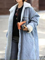 New Light Blue Patchwork Fur Pockets Single Breasted Turndown Collar Long Sleeve Casual Coat