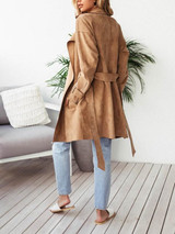 New Khaki Sashes Zipper Pockets Long Sleeve Ruffle Collar Casual Fashion Long Trench Coats