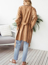 New Khaki Sashes Zipper Pockets Long Sleeve Ruffle Collar Casual Fashion Long Trench Coats