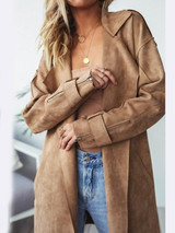 New Khaki Sashes Zipper Pockets Long Sleeve Ruffle Collar Casual Fashion Long Trench Coats