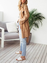 New Khaki Sashes Zipper Pockets Long Sleeve Ruffle Collar Casual Fashion Long Trench Coats