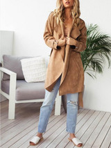 New Khaki Sashes Zipper Pockets Long Sleeve Ruffle Collar Casual Fashion Long Trench Coats