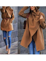 New Khaki Pockets Irregular Turndown Collar Long Sleeve Wool Coat
