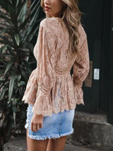 New Pink Patchwork Lace Ruffle Long Sleeve Round Neck Fashion Blouse