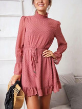 New Pink Drawstring Ruffle Long Sleeve Casual Mini Dress
