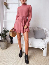 New Pink Drawstring Ruffle Long Sleeve Casual Mini Dress