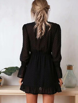 New Black Drawstring Ruffle Long Sleeve Casual Mini Dress