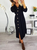 New Black Buttons Long Sleeve Sweet Going out Maxi Dress