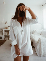 New White Buttons Pockets Turndown Collar Long Sleeve Fashion Mini Dress