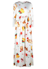 New White Floral Draped Round Neck Long Sleeve Christmas Cute Maxi Dress