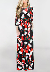 New Black Floral Draped Round Neck Long Sleeve Christmas Cute Maxi Dress