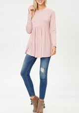 New Pink Irregular Draped Round Neck Long Sleeve Fashion Loose T-Shirt