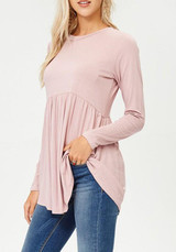 New Pink Irregular Draped Round Neck Long Sleeve Fashion Loose T-Shirt