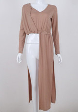 New Khaki Cut Out V-neck Long Sleeve Fashion Maxi Dress
