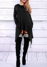 New Black Pockets Irregular Hooded Long Sleeve Going out Fashion T-Shirt