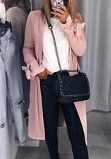 New Pink Irregular Bow Plunging Neckline No Button Long Sleeve Coat