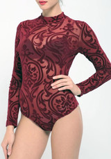 New Burgundy Floral Grenadine Zipper Round Neck Long Sleeve Short Jumpsuit Bodysuit