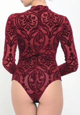 New Burgundy Floral Grenadine Zipper Round Neck Long Sleeve Short Jumpsuit Bodysuit