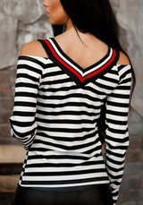 New Black White Striped Cut Out V-neck Long Sleeve Casual T-Shirt