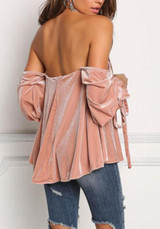 New Pink Drawstring Ruffle Boat Neck Long Sleeve Fashion Blouse