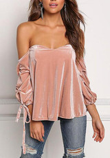 New Pink Drawstring Ruffle Boat Neck Long Sleeve Fashion Blouse