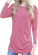 New Pink Draped Buttons Round Neck Long Sleeve T-Shirt