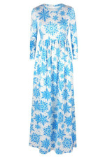 New White-Blue Floral Draped Round Neck Long Sleeve Christmas Maxi Dress