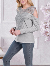 New Grey Patchwork Lace Cut Out Round Neck Long Sleeve Casual T-Shirt