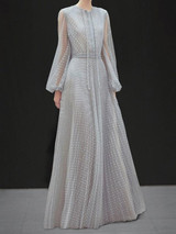 New Grey Patchwork Lace Pleated Long Sleeve Elegant Cocktail Party Maxi Dress