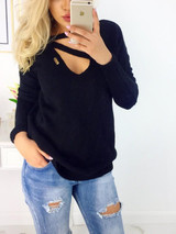 New Black Cut Out Long Sleeve Casual Pullover Sweater