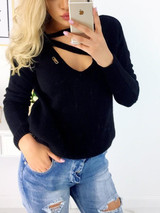 New Black Cut Out Long Sleeve Casual Pullover Sweater