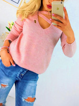 New Pink Cut Out Long Sleeve Casual Pullover Sweater