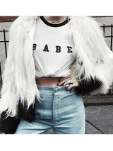 New White Black Patchwork Faux Fur Round Neck Long Sleeve Coat