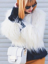 New White Black Patchwork Faux Fur Round Neck Long Sleeve Coat