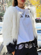 New White Black Patchwork Faux Fur Round Neck Long Sleeve Coat
